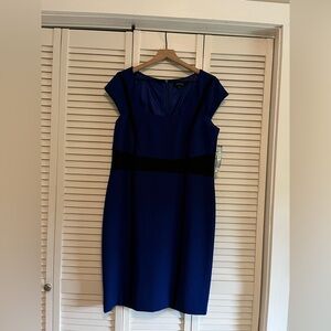 NWT Tahari Sheath Dress Blue Black Cap Sleeve Midi